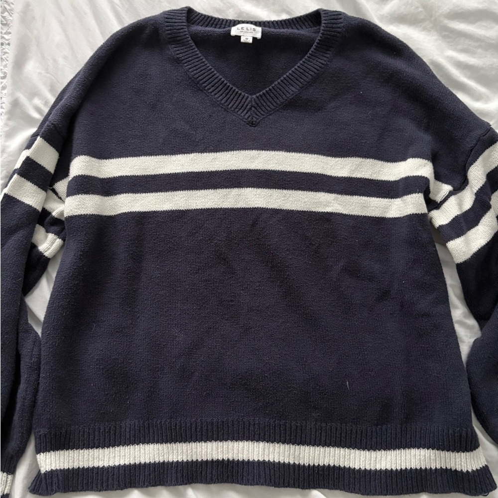 Le Lis Dark Blue and White V-Neck Sweater
